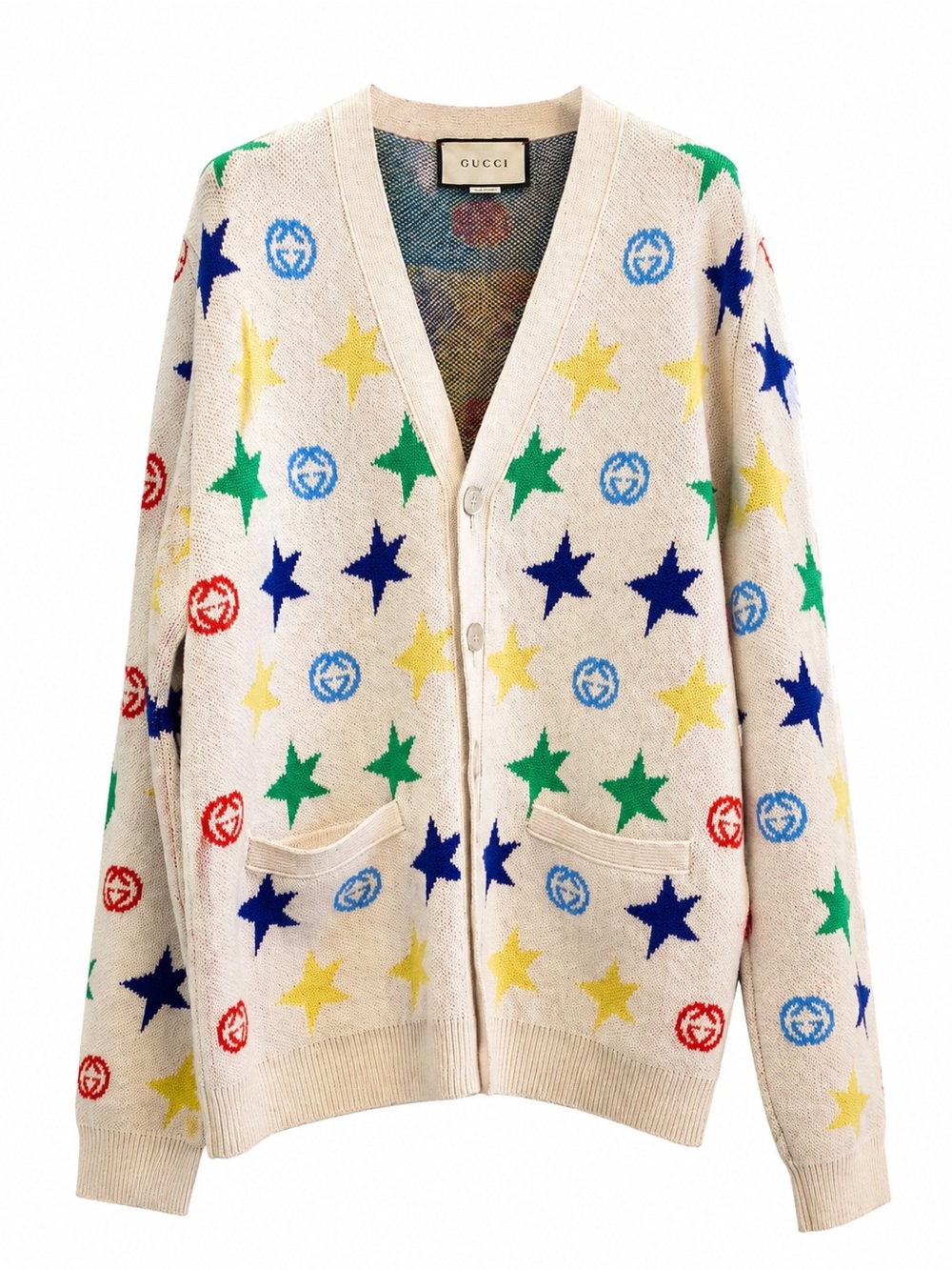 Gucci Cream V-Neck Cardigan with Multicolor Stars & Logos